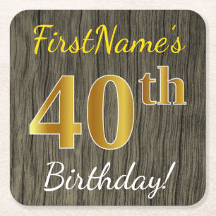 Faux Wood, Faux Gold 40th Birthday + Custom Name Square Paper Coaster
