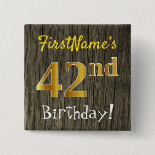 Faux Wood, Faux Gold 42nd Birthday + Custom Name 15 Cm Square Badge