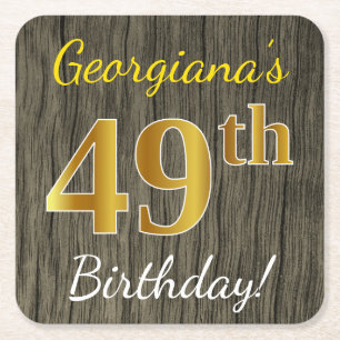 Faux Wood, Faux Gold 49th Birthday + Custom Name Square Paper Coaster