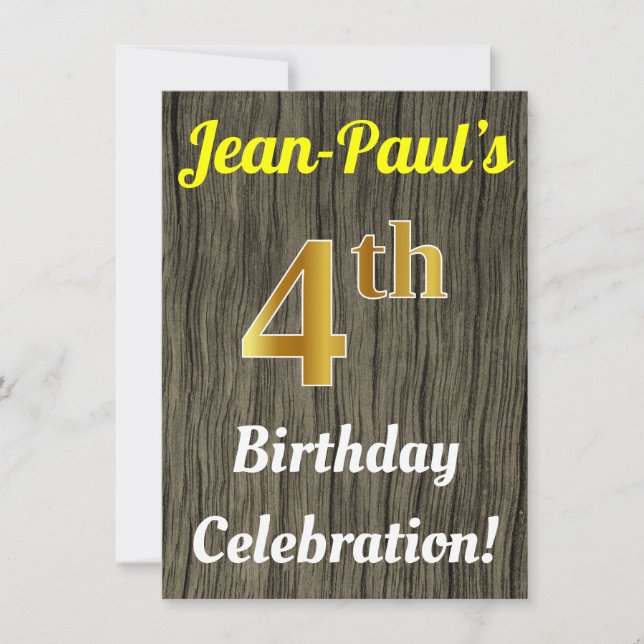 Faux Wood, Faux Gold 4th Birthday Celebration Invitation (Front)