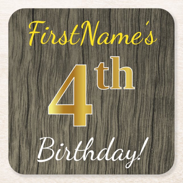 Faux Wood, Faux Gold 4th Birthday + Custom Name Square Paper Coaster (Front)