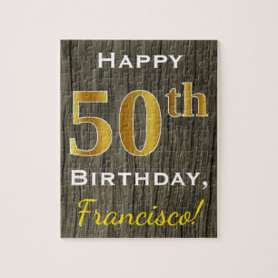 Faux Wood, Faux Gold 50th Birthday + Custom Name Jigsaw Puzzle