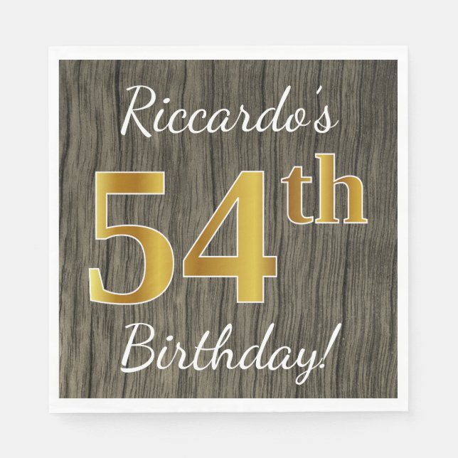 Faux Wood, Faux Gold 54th Birthday + Custom Name Napkin (Front)