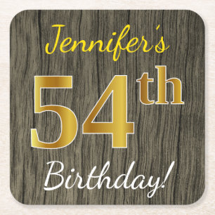 Faux Wood, Faux Gold 54th Birthday + Custom Name Square Paper Coaster