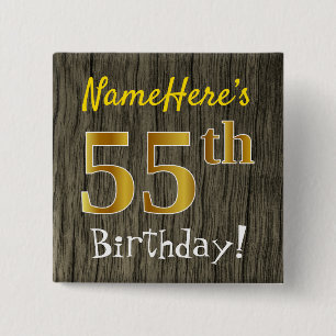 Faux Wood, Faux Gold 55th Birthday + Custom Name 15 Cm Square Badge