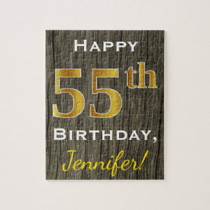 Faux Wood, Faux Gold 55th Birthday + Custom Name Jigsaw Puzzle