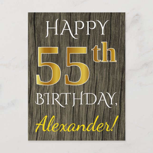Faux Wood, Faux Gold 55th Birthday + Custom Name Postcard (Front)