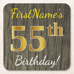 Faux Wood, Faux Gold 55th Birthday + Custom Name Square Paper Coaster