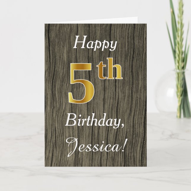 Faux Wood, Faux Gold 5th Birthday + Custom Name Card (Front)