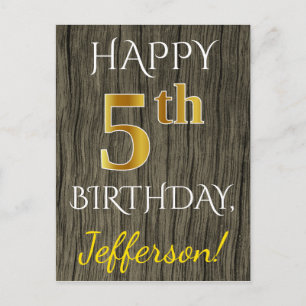 Faux Wood, Faux Gold 5th Birthday + Custom Name Postcard