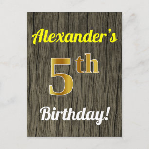 Faux Wood, Faux Gold 5th Birthday & Custom Name Postcard