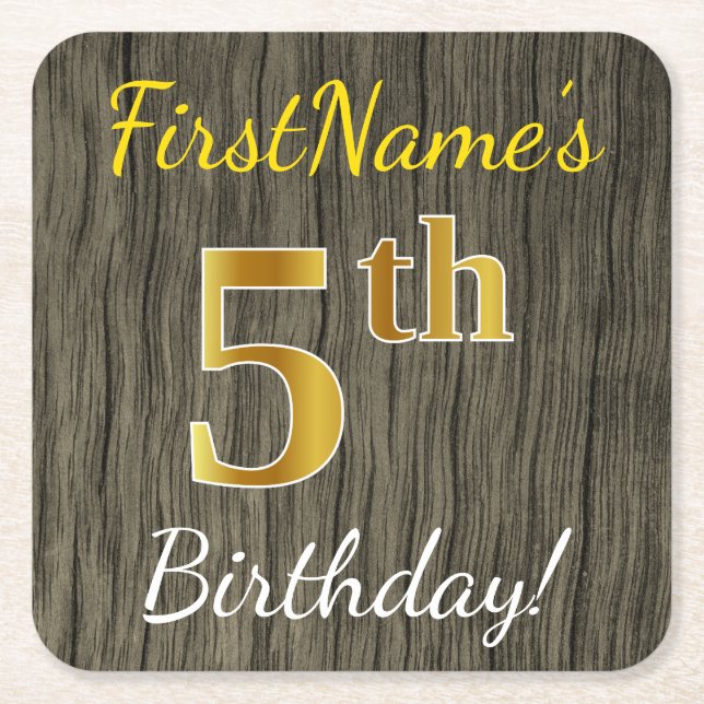 Faux Wood, Faux Gold 5th Birthday + Custom Name Square Paper Coaster (Front)