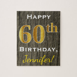 Faux Wood, Faux Gold 60th Birthday + Custom Name Jigsaw Puzzle