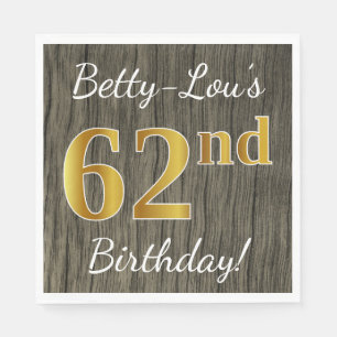 Faux Wood, Faux Gold 62nd Birthday + Custom Name Napkin