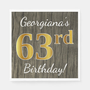 Faux Wood, Faux Gold 63rd Birthday + Custom Name Napkin