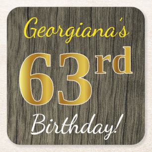 Faux Wood, Faux Gold 63rd Birthday + Custom Name Square Paper Coaster