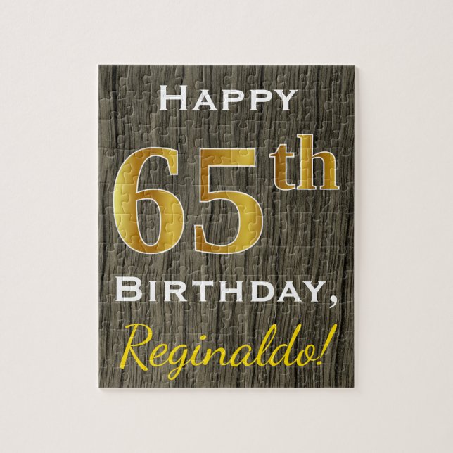 Faux Wood, Faux Gold 65th Birthday + Custom Name Jigsaw Puzzle (Vertical)