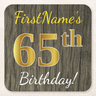 Faux Wood, Faux Gold 65th Birthday + Custom Name Square Paper Coaster