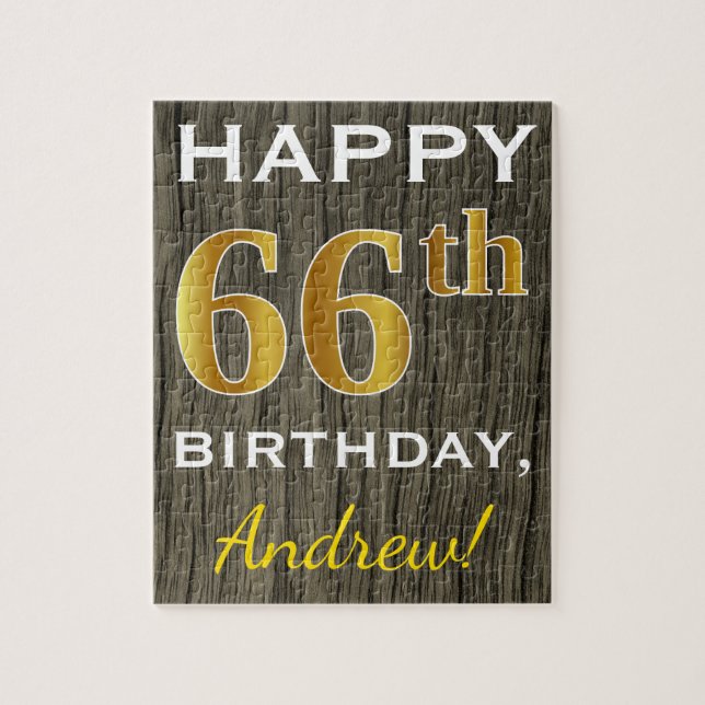 Faux Wood, Faux Gold 66th Birthday + Custom Name Jigsaw Puzzle (Vertical)