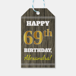 Faux Wood, Faux Gold 69th Birthday + Custom Name Gift Tags
