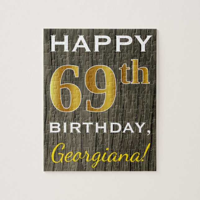Faux Wood, Faux Gold 69th Birthday + Custom Name Jigsaw Puzzle (Vertical)