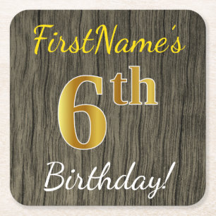 Faux Wood, Faux Gold 6th Birthday + Custom Name Square Paper Coaster