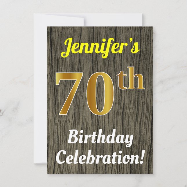 Faux Wood, Faux Gold 70th Birthday Celebration Invitation (Front)