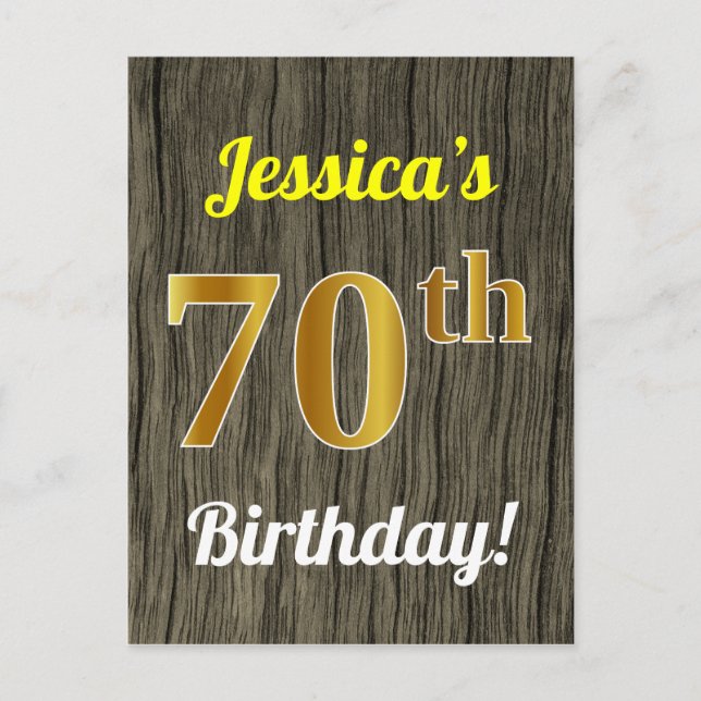 Faux Wood, Faux Gold 70th Birthday & Custom Name Postcard (Front)