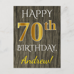 Faux Wood, Faux Gold 70th Birthday + Custom Name Postcard