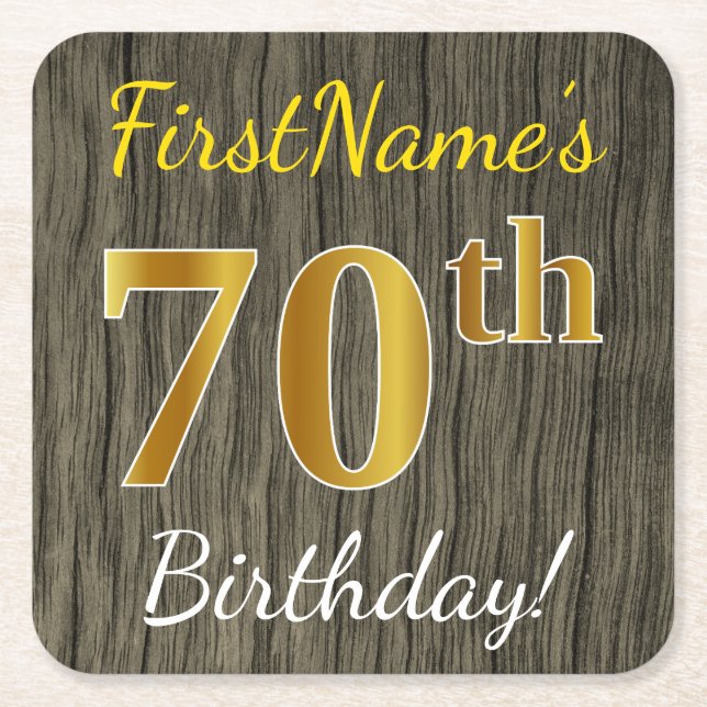 Faux Wood, Faux Gold 70th Birthday + Custom Name Square Paper Coaster (Front)