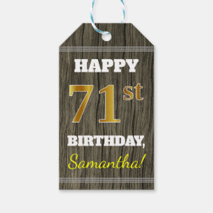 Faux Wood, Faux Gold 71st Birthday + Custom Name Gift Tags