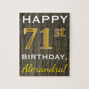 Faux Wood, Faux Gold 71st Birthday + Custom Name Jigsaw Puzzle