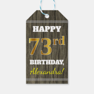 Faux Wood, Faux Gold 73rd Birthday + Custom Name Gift Tags