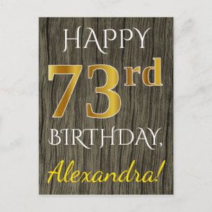 Faux Wood, Faux Gold 73rd Birthday + Custom Name Postcard