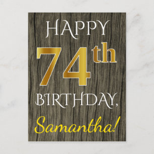 Faux Wood, Faux Gold 74th Birthday + Custom Name Postcard