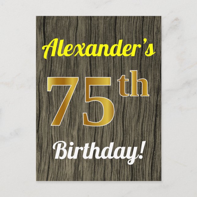 Faux Wood, Faux Gold 75th Birthday & Custom Name Postcard (Front)