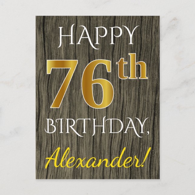 Faux Wood, Faux Gold 76th Birthday + Custom Name Postcard (Front)