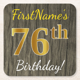 Faux Wood, Faux Gold 76th Birthday + Custom Name Square Paper Coaster