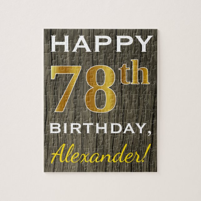Faux Wood, Faux Gold 78th Birthday + Custom Name Jigsaw Puzzle (Vertical)