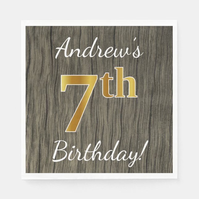 Faux Wood, Faux Gold 7th Birthday + Custom Name Napkin (Front)