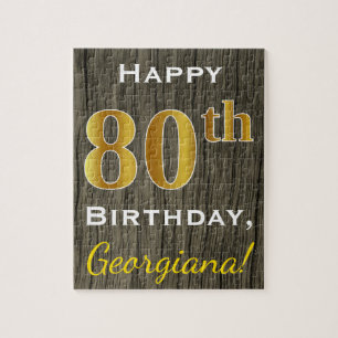 Faux Wood, Faux Gold 80th Birthday + Custom Name Jigsaw Puzzle