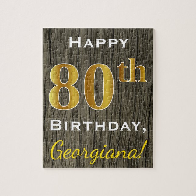 Faux Wood, Faux Gold 80th Birthday + Custom Name Jigsaw Puzzle (Vertical)