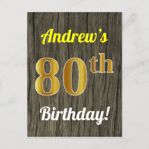 Faux Wood, Faux Gold 80th Birthday & Custom Name Postcard