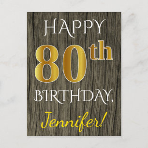 Faux Wood, Faux Gold 80th Birthday + Custom Name Postcard