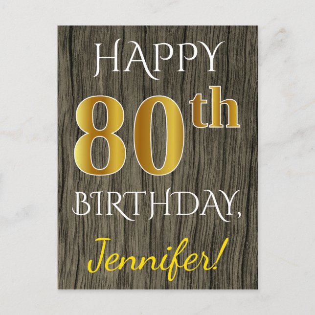 Faux Wood, Faux Gold 80th Birthday + Custom Name Postcard (Front)