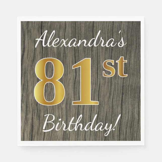 Faux Wood, Faux Gold 81st Birthday + Custom Name Napkin (Front)