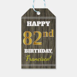 Faux Wood, Faux Gold 82nd Birthday + Custom Name Gift Tags