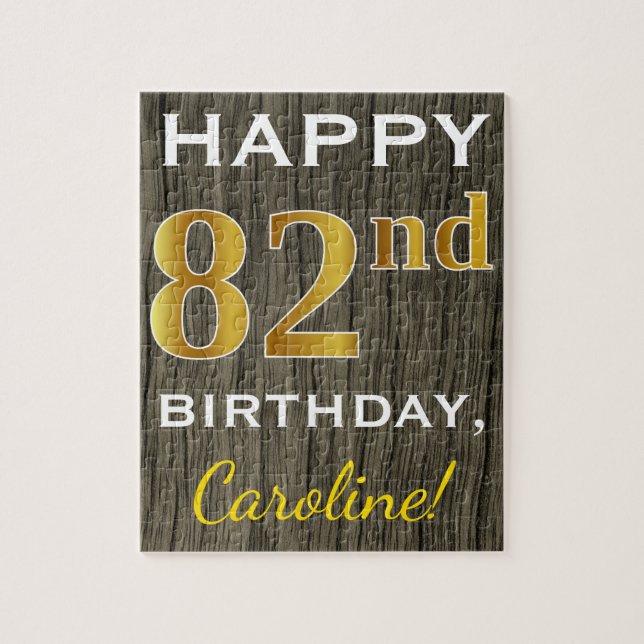 Faux Wood, Faux Gold 82nd Birthday + Custom Name Jigsaw Puzzle (Vertical)