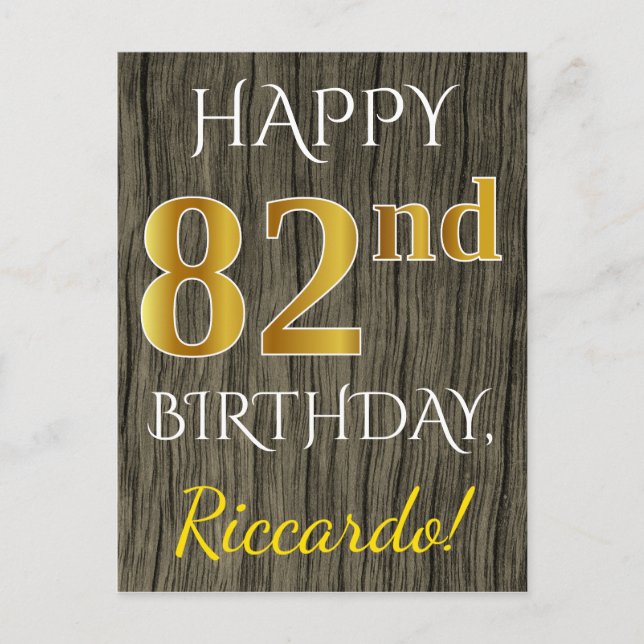 Faux Wood, Faux Gold 82nd Birthday + Custom Name Postcard (Front)