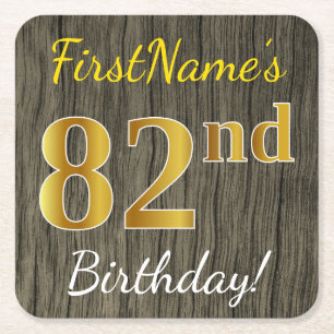 Faux Wood, Faux Gold 82nd Birthday + Custom Name Square Paper Coaster
